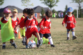 Toddlers playing soccer during Sportball class.